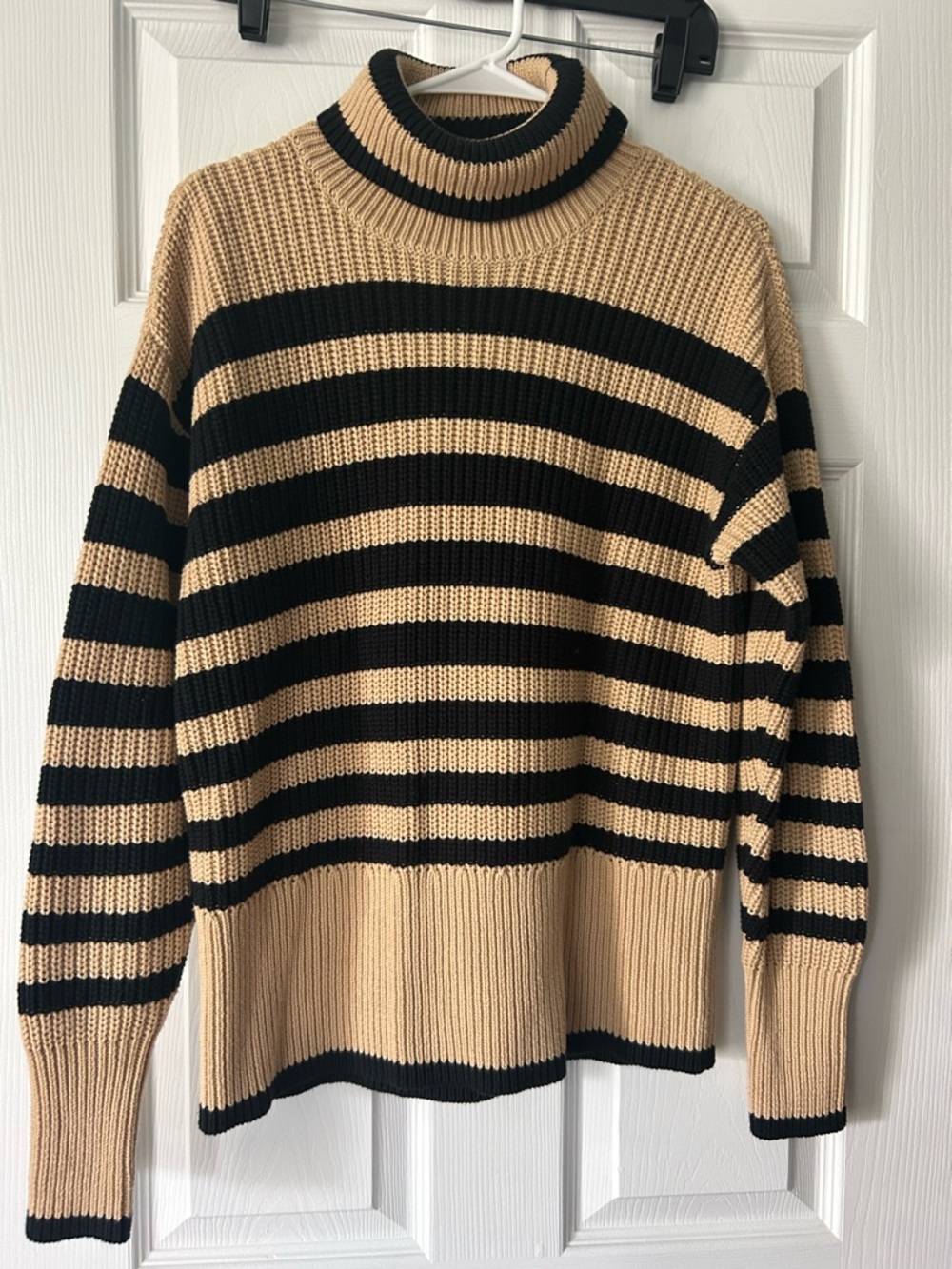 CAbi Women’s Black & Tan Striped Turtleneck Sweater